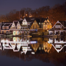 Boathouse Row lit up at night in Philadelphia, Pennsyvlania