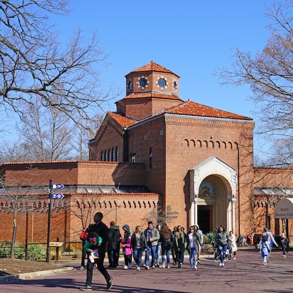Visitors outside of the Reptile House of the National Zoo in Washington, D.C.