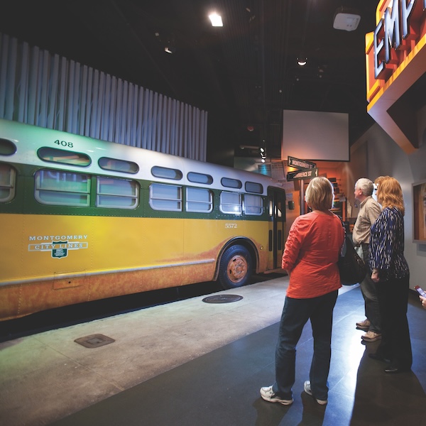 Visitors at the street bus exhibit of the Rosa Parks Museum in Montgomery, Alabama