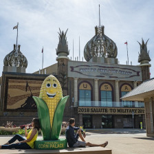 Travelers outside the Corn Palace in Mitchell, South Dakota