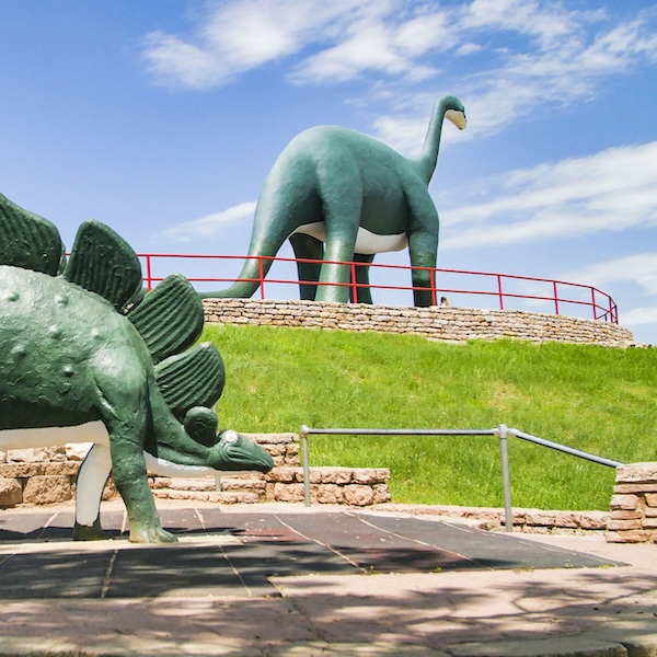 Two dinosaur sculptures at Dinosaur Park in Rapid City, South Dakota