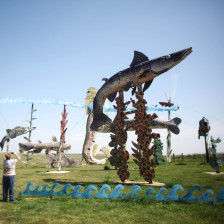 Visitor at the Fisherman's Dream art installation on the Enchanted Highway in North Dakota