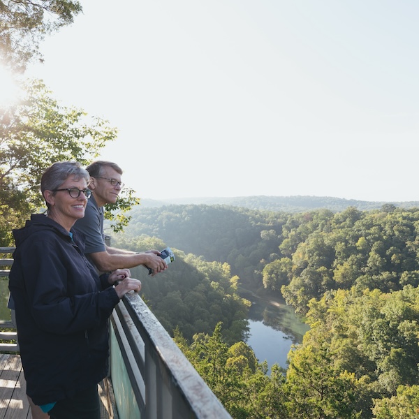 Two people at an overlook at Lake of the Ozarks State Park near Kaiser, Missouri