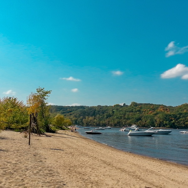 One of the sandy beaches at Mirror Lake State Park near Baraboo, Wisconsin