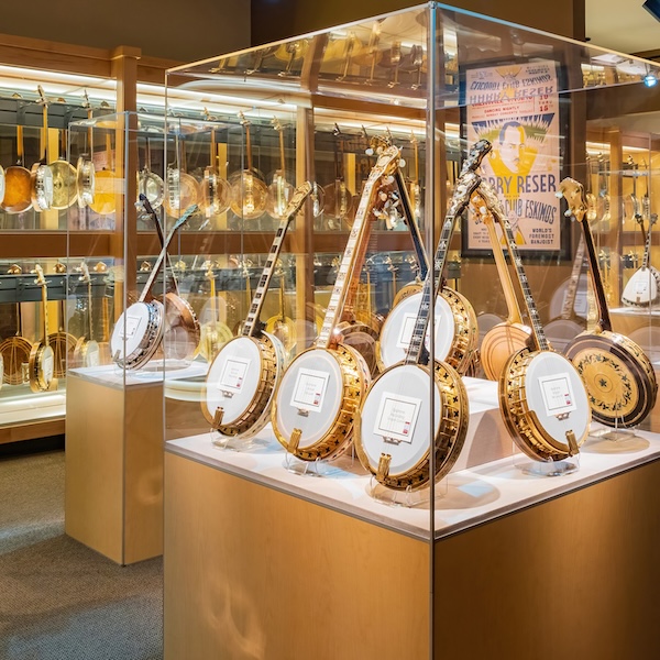 Inside exhibit showcasing the a part of the banjo collection of the American Banjo Museum in Oklahoma City, Oklahoma