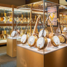 Inside exhibit showcasing the a part of the banjo collection of the American Banjo Museum in Oklahoma City, Oklahoma