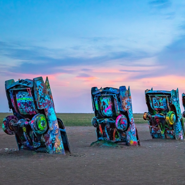 Cadillac Ranch at sunset outside of Amarillo, Texas