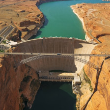 Aerial of the Glen Canyon Dam and Glen Canyon Dam Bridge near Page, Arizona