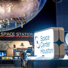 Visiters inside the entrance of Space Center Houston in Texas