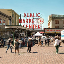 People at the entrance to Pike Place Market in Seattle, Washington
