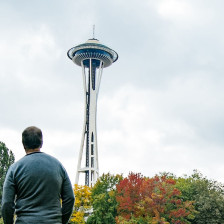 Visitors admiring the Space Needle in Seattle, Washington