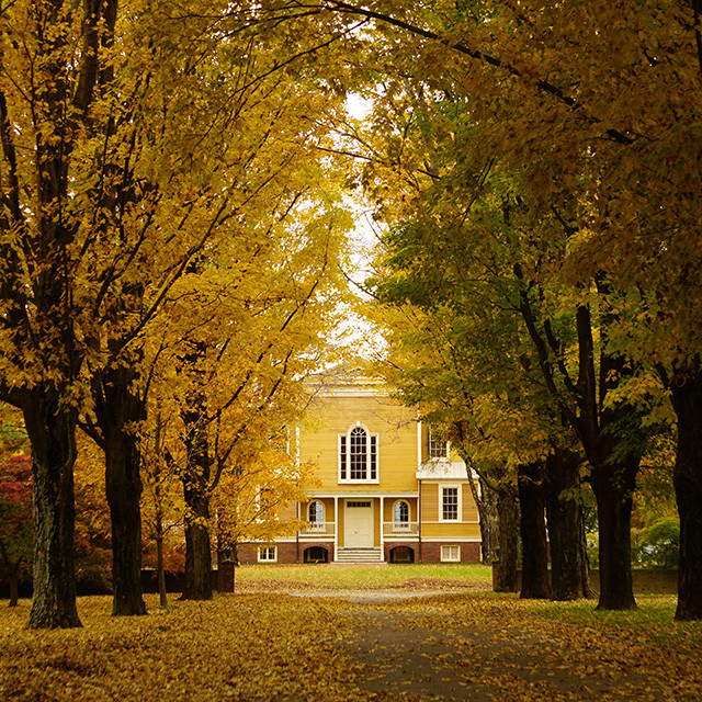 Fall foliage surrounds Boscobel House and Gardens in Garrison, New York